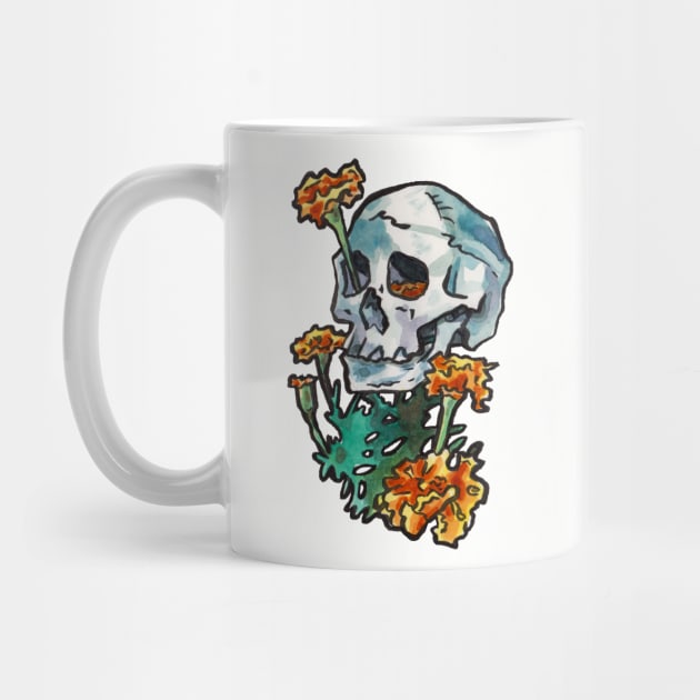 Skull with Marigold Flowers by JenTheTracy